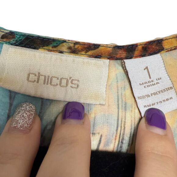 Chico's Teal Animal Print Sheer Blouse with flowy sleeves & elastic waist Medium - Picture 6 of 8